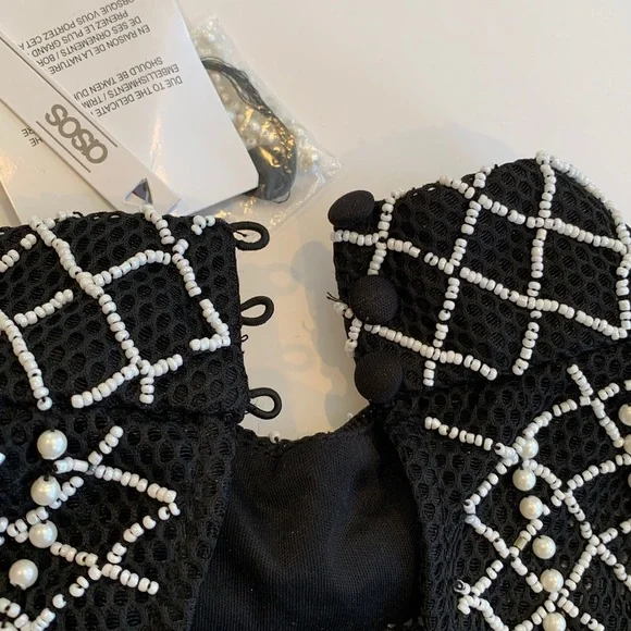 NEW asos Women’s Size 4 Small Black and White Long Sleeve Beaded Mini Dress - Picture 8 of 11